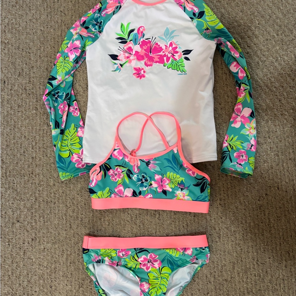 Lands' End Kids Floral Swim Rashguard 3-Piece Set - Pink and Green